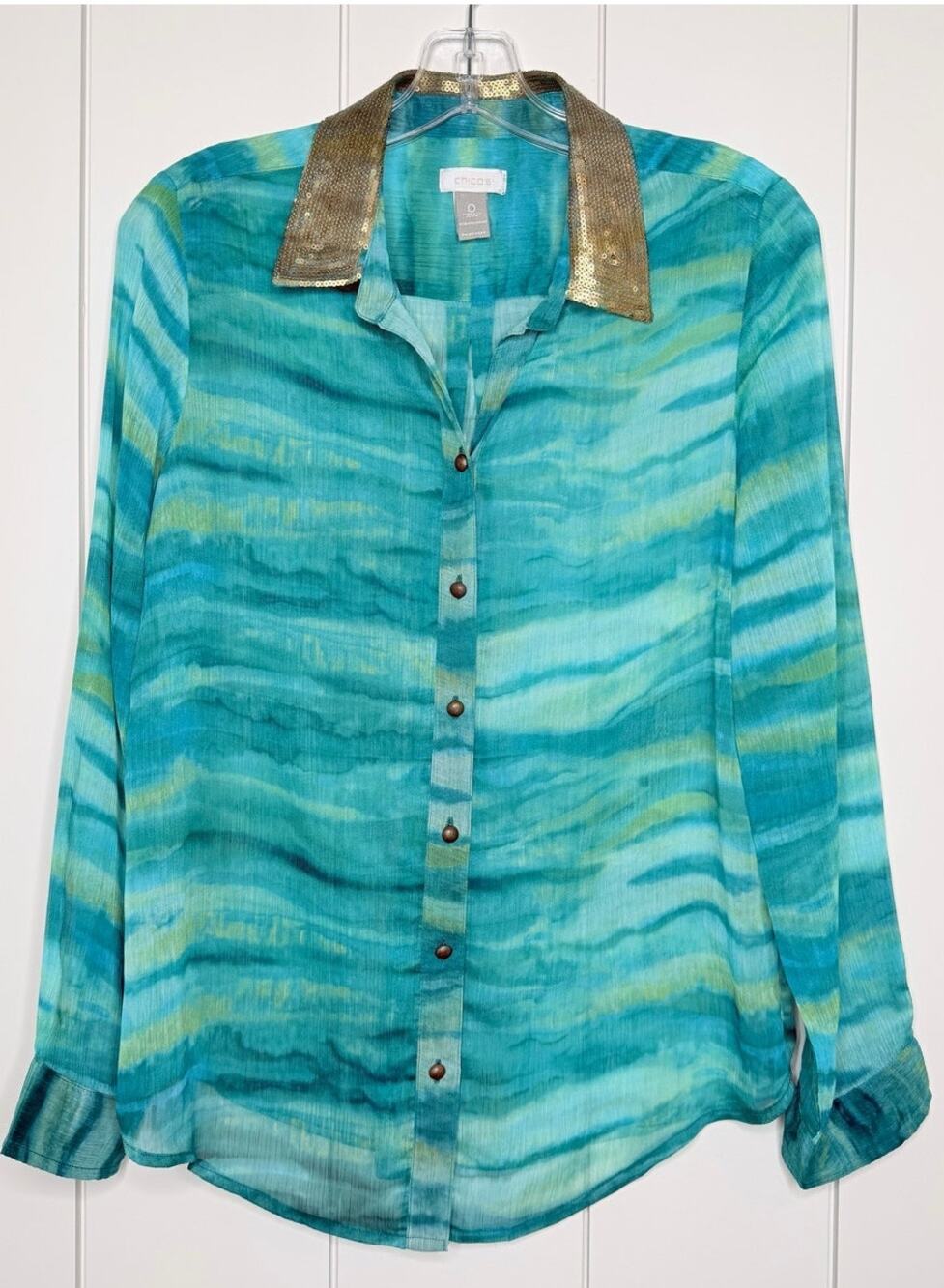 Chico’s Sequin Collar Blouse Size 0 (Small) Teal Flowy Top